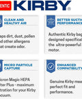 Infographic highlighting benefits of 204811 Six Pack HEPA Filter Bags For F-Style Vacuums, Micron Magic Replacement.