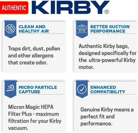 Infographic highlighting benefits of 204811 Six Pack HEPA Filter Bags For F-Style Vacuums, Micron Magic Replacement.