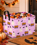 Lowkey Spooky Purple Ghost Storage Basket With Heavy Duty Cotton Linen Handles Dope Collapsible Organizer For Halloween Candy Toys Bedroom Closet Shelf Vibe Refresh filled with candy and pumpkins.