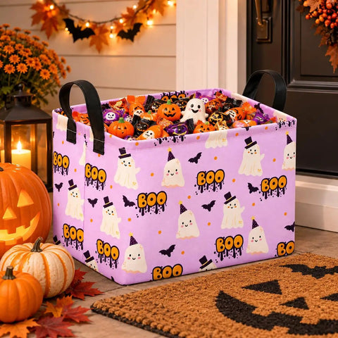Lowkey Spooky Purple Ghost Storage Basket With Heavy Duty Cotton Linen Handles Dope Collapsible Organizer For Halloween Candy Toys Bedroom Closet Shelf Vibe Refresh filled with candy and pumpkins.