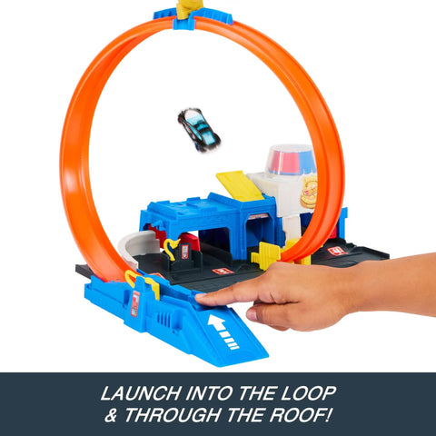 Police Station Track Set With Adjustable Loop And Four Lane Race 1:64 Scale Die Cast Vehicle Included Multi Path Stunts And City Chase Action For Kids Kid Friendly Durable Playworthy Raceway Fun launching car