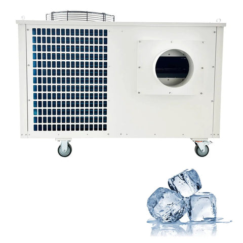 Heavy Duty Portable Air Conditioner Rock Solid Industrial Spot Cooler With Killer 61000 BTU Cooling and Insane 2900 Cubic Meter Per Hour Airflow for Garage Shop Warehouse Use On 3 Phase 220V Power side view with blue grate.