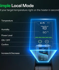 Smart AeroFlux Grow Tent Heater With Thermostat control panel displaying temperature, humidity, and operational buttons for easy app control.