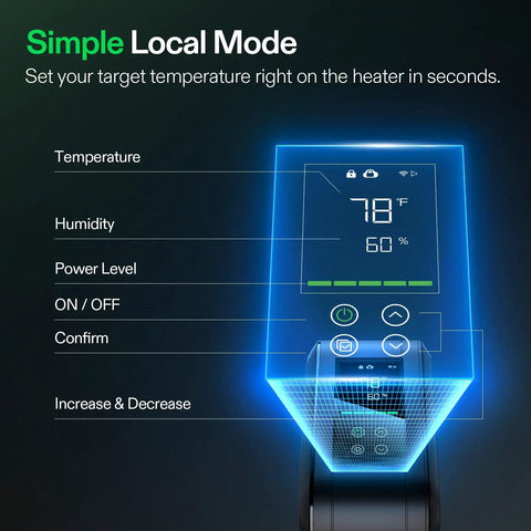 Smart AeroFlux Grow Tent Heater With Thermostat control panel displaying temperature, humidity, and operational buttons for easy app control.