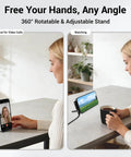 2-In-1 Holder Charger Cable With Stand, 240W PD, phone on metal desk stand, video call and streaming, ideal for home or office use.