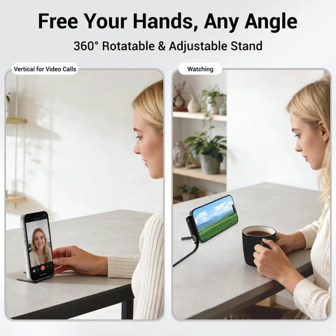 2-In-1 Holder Charger Cable With Stand, 240W PD, phone on metal desk stand, video call and streaming, ideal for home or office use.