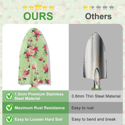 Comparison of floral design garden trowel and plain trowel highlighting durability and rust resistance