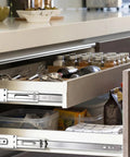 Heavy Duty 22 Inch Side Mount Drawer Slides With Ultra Quiet Soft Close Dual Spring Hydraulic Damper Corrosion Resistant Cold Rolled Steel Ball Bearings For Smooth Jam Free Drawers In Busy Kitchens Workshops And Home Garages installed on open kitchen drawer