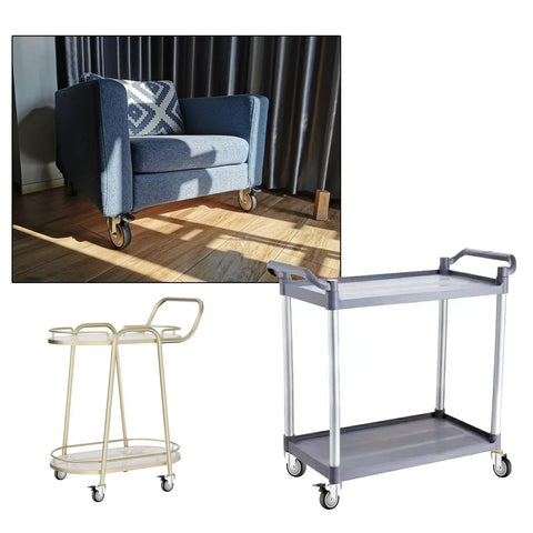 4 Pack Heavy Duty Furniture Caster Wheels With Brakes M10 M12 threaded swivel rollers displayed under a blue sofa and utility carts.