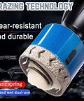 Diamond hole saw bit with blue body and diamond grit edge (close-up)