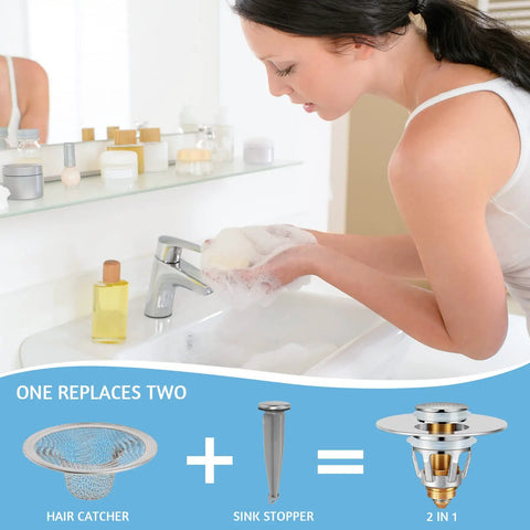 Woman washing hands with Silver Bathroom Sink Stopper With Hair Catcher Two In One Drain Strainer for 1.1 to 1.5 Inch US Standard Sink Holes shown below.