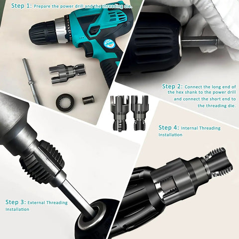 Get That Pipe Threaded Right Upgraded 2-Piece Set Cutter Kit For One Pass Internal And External Threads Compatible With Electric Drill Durable 40Cr Steel Build For Pvc Plastic Plumbing Jobs Quick Easy Install Steps for using cutter kit with drill.
