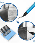 Handy Deburring Tool Kit With 6 Pcs Needle Files And 10 HSS Blades 6-1/2 Inch Metal Handle Chamfer Tool For Pipe Edges On Resin Aluminum Brass Plastic Easy Grip Durable Pro Grade Burr Removal showing before and after use on metal edge.