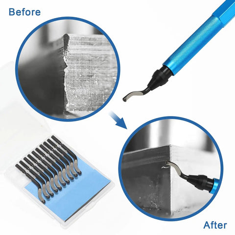 Handy Deburring Tool Kit With 6 Pcs Needle Files And 10 HSS Blades 6-1/2 Inch Metal Handle Chamfer Tool For Pipe Edges On Resin Aluminum Brass Plastic Easy Grip Durable Pro Grade Burr Removal showing before and after use on metal edge.