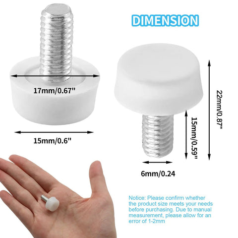 Diagram showing 24 Pack Adjustable Furniture Levelers M6x15mm For Tables Chairs Cabinets White Screw On Glide Feet dimensions.