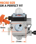 Close-up view of Stihl Trimmer Carburetor Kit For FS90R FS90 FS110R FS100 KM90R with dimensions 18mm x 31mm labeled on kit.