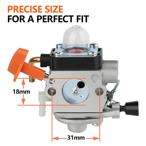 Close-up view of Stihl Trimmer Carburetor Kit For FS90R FS90 FS110R FS100 KM90R with dimensions 18mm x 31mm labeled on kit.