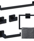 Matte Black 5 Piece Bathroom Hardware Set For Wall Mounting Includes Towel Bar Robe Hook Toilet Paper Holder In SUS304 Stainless Steel