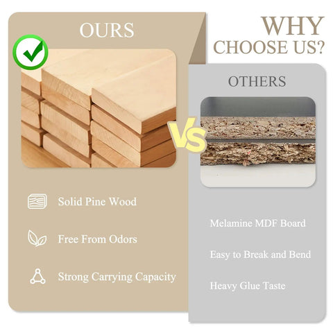 Comparison of solid pine wood vs MDF board for 8 Cube Storage Organizer With Solid Wood Frame And Four Fabric Bins, Dope Cube Shelf With Two Removable Back Panels For Vertical Or Horizontal Setup, Open Bookcase For Your Bedroom, Living Room, Or Office.
