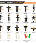 Hella Reliable 425 Piece Kit Car Push Retainer Clips And Auto Fastener Assortment showing various hole sizes and types for auto repairs.