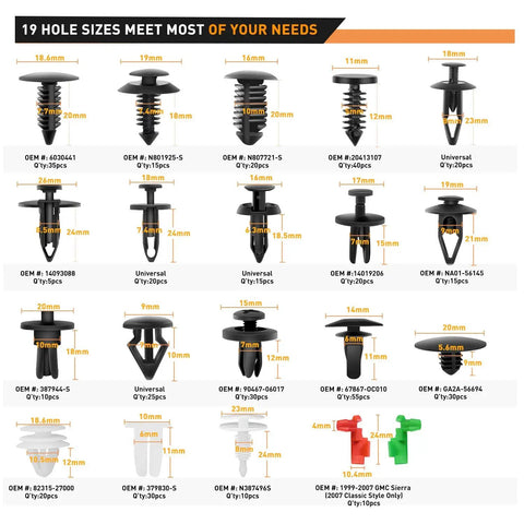 Hella Reliable 425 Piece Kit Car Push Retainer Clips And Auto Fastener Assortment showing various hole sizes and types for auto repairs.