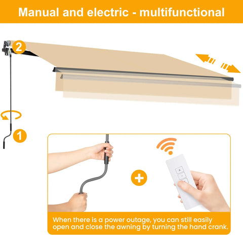 Motorized Retractable Patio Awning 12x9.8 With Aluminum Frame And Beige UV Waterproof Polyester Cover Remote Control Operation For Easy Extend And Retract No-Fuss Hands-Free Sunshade Shelter For Deck Balcony Or Yard