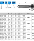 C20-ER-20-150 table showing dimensions, clamping range, and specifications for CNC collet chuck adapters.