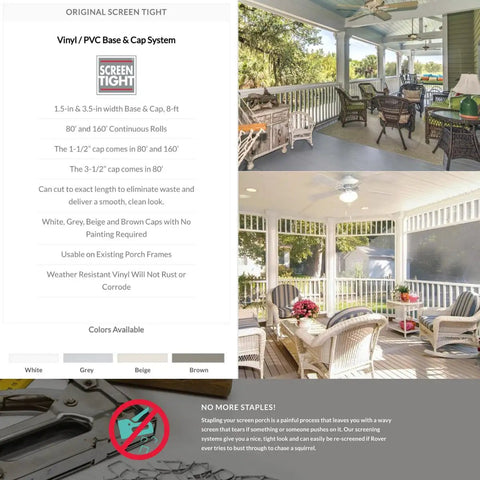 No Sweat Porch Screening System Featuring Durable Vinyl Cap And Base Rails Sold As A 20 Pack Of 1.5 By 96 Inch Continuous Rolls For Quick Cutting And Breezy Patio Setups, displayed on a modern porch.