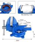 Heavy Duty 5 Inch Vise With 360 Degree Swivel Base And Anvil Clamp, Built Like A Tank, Cast Steel Construction, Table Clamp Woodworking Vice For Drilling, Pipe Cutting, And Woodworking Jobs, Blue. Blue bench vise with 11cm max opening and 360° swivel base