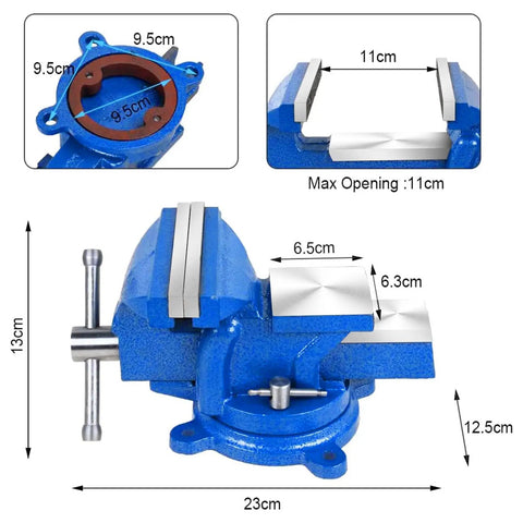 Heavy Duty 5 Inch Vise With 360 Degree Swivel Base And Anvil Clamp, Built Like A Tank, Cast Steel Construction, Table Clamp Woodworking Vice For Drilling, Pipe Cutting, And Woodworking Jobs, Blue. Blue bench vise with 11cm max opening and 360° swivel base