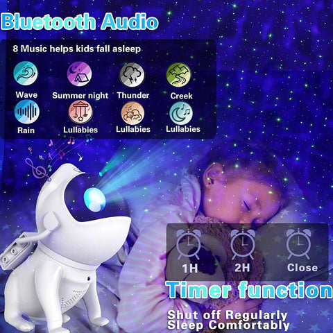Child sleeping with Galaxy Star Projector For Bedroom 2.0 casting starry lights, showing 8 soothing soundscapes and timer functions.