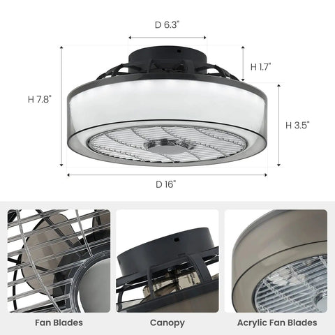 Diagram of Bladeless Ceiling Fan With Light And Remote 16 Inch Low Profile Flush Mount Dimmable Smart Ceiling Fan dimensions and parts