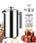 Super Thick French Press Coffee Maker Double Wall Insulated Stainless Steel with triple mesh filter beside holiday gifts.