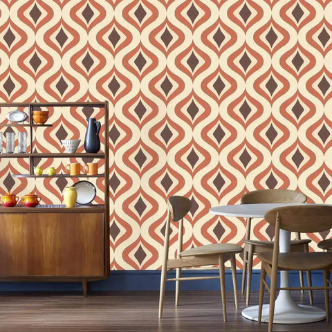 Trippy Orange Wallpaper for Retro Vibes Paste The Wall Non Woven Washable Finish with 12 Inch Pattern Repeat in dining area