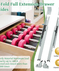 Smooth As Butter 18 Inch Undermount Drawer Slides Two Pack Soft Close Full Extension Cabinet Hardware Tough As Nails in a drawer with pink dumbbells.