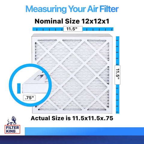 Nominal 12x12x1 Air Filter MERV 8 - 4 Pack, showing actual size 11.5x11.5x.75, with measurement details and logo displayed.