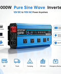 Straight Up 3000 Watt Pure Sine Wave Inverter Converts 12 Volts Dc To 110 Vac Naturally With Six Thousand Peak Surge Lcd Panel angled view showing 4 AC outlets and USB ports