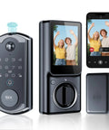 Video Smart Lock All In One Fingerprint Door Lock With Wide Angle Camera And Two Way Video Doorbell Wifi Deadbolt displaying camera and app.