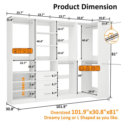 Straight Up Modular Closet Organizer System In Crisp White Featuring Nine Hanging Rods Eight Shelves Three Deep Drawers And A Smart Corner Module That Gives Your Walk In Or Standalone Setup A Totally Fresh Look Right Now dimensions diagram.