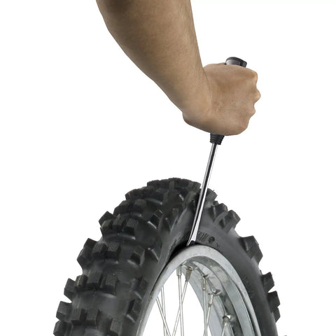 Using 5-Piece Tire Lever Set With 11.5 Inch Hardened Steel Spoons, Rim Protectors, And Heavy Duty Tire Changing Tools on motorcycle tire.