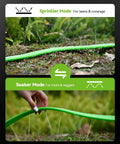 Flat Soaker Hose With Stakes 50Ft Watering Made Easy For Garden And Lawn Yard Irrigation Three Channel Micro Holes Deliver Uniform Water And Prevent Overwatering Lightweight Low Maintenance Sprinkler System shown in sprinkler mode for lawns and soaker mode for roots.