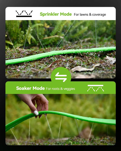 Flat Soaker Hose With Stakes 50Ft Watering Made Easy For Garden And Lawn Yard Irrigation Three Channel Micro Holes Deliver Uniform Water And Prevent Overwatering Lightweight Low Maintenance Sprinkler System shown in sprinkler mode for lawns and soaker mode for roots.