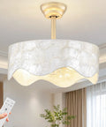 akiuzna Boho Shell Caged Ceiling Fan with Light and Remote, Fandelier with remote control, showcasing a shell lampshade design.