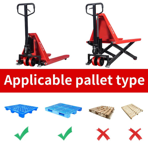 Heavy Duty Manual Scissor Pallet Jack Truck With A Breezy 3300 Pound Lift Capacity And Straight Forward Hydraulic Pump, with applicable pallets.