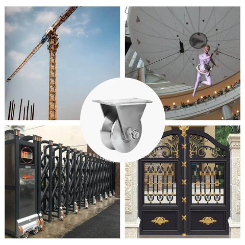 3In V Groove Wheel Stainless Steel Heavy Duty Beefy Caster for V Track Rail and Sliding Gates, shown with industrial scenes.