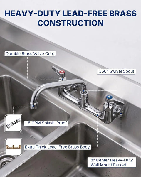 Lead-Free 8" Center Wall Mount Commercial Kitchen Faucet - 8" Swivel Spout with 360° swivel and durable brass construction.