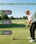 Golfer using Golf Alignment Stick Holder And Training Aid For Aiming, Putting, Full Swing on green field for posture correction.