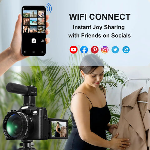 6K 64MP Digital Camera With Flip Screen And Dual Lens For Photography And Vlogging, woman using WiFi feature for social sharing.