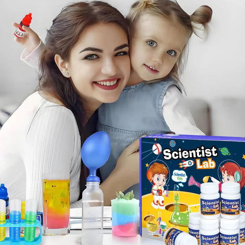 Hands On Science Lab Kit For Kids With 72 Plus Experiments Including Erupting Volcano Rainbow Rain And Artificial Snow Balloon Rocket And More Kid Friendly STEM Toy For Boys And Girls with a smiling woman and child using the kit.