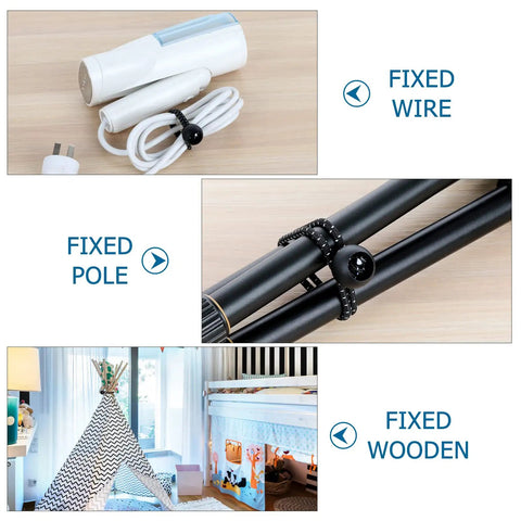 Six Inch White Ball Bungee Cords 50 Pcs securing wires, poles, and wooden frames in various indoor settings.